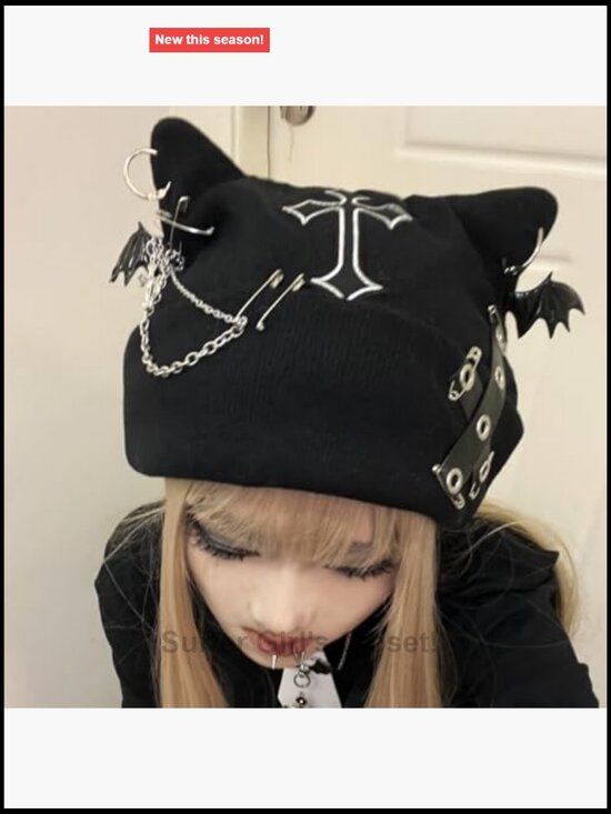Y2K Goth Cat Ear Beanie Knitted Punk Emo Grunge Hat with Metal Rings Chain main image 5